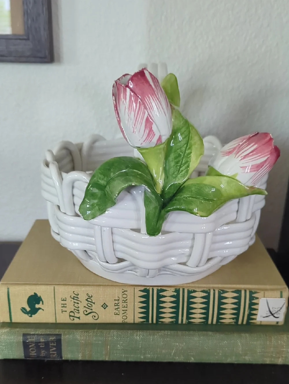 White Ceramic Basket Bowl with Pink Tulip Accents Made In Italy